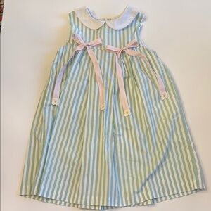 Bella Bliss Striped Green and White Dress with Pink Bows